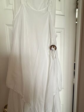White Flowing Tiered Summer Dress with Wood Button Detail